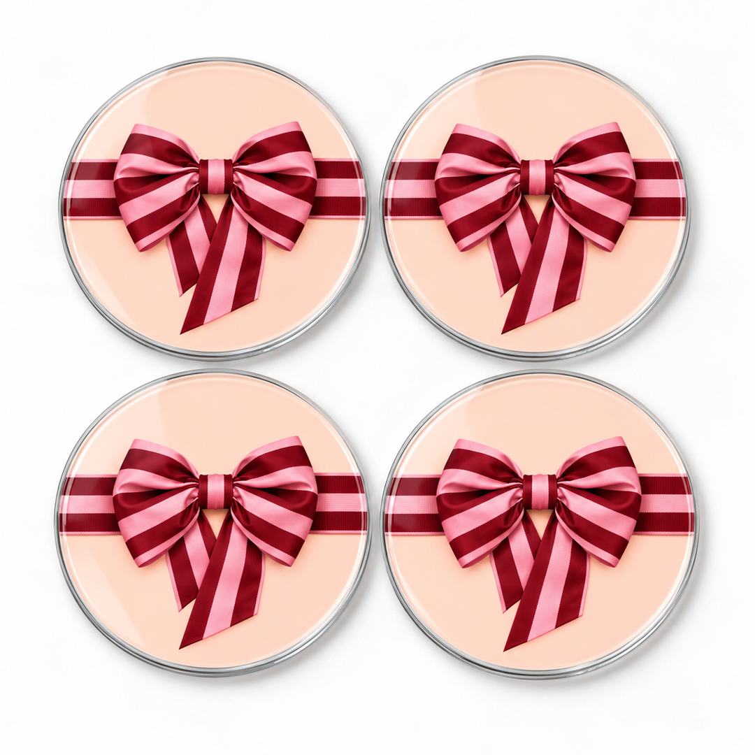 Pink And Burgundy Bow Christmas 4 Piece Glass Coaster Set On a white background