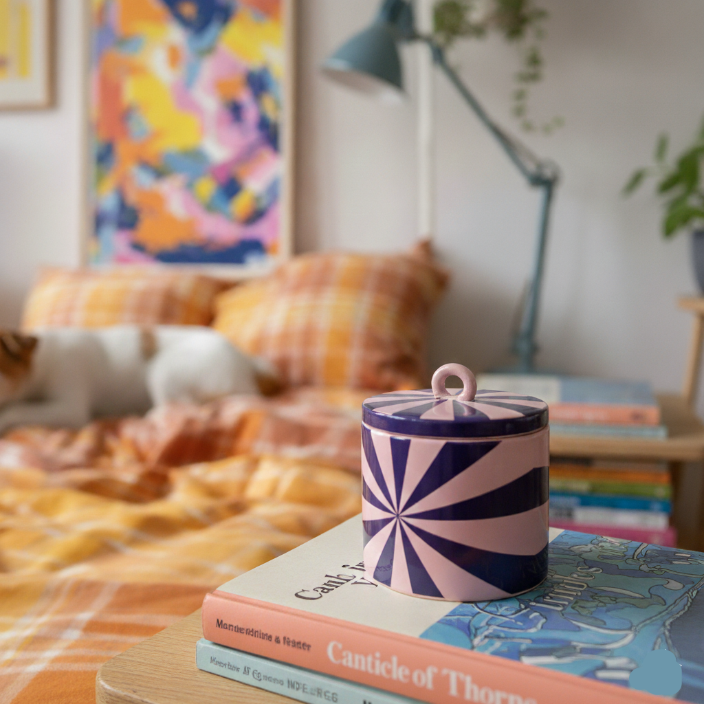Decorative jar with a striped design on top of books in a cozy room.