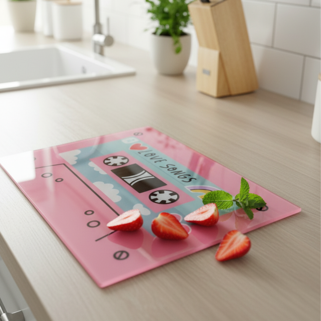 Pink cassette tape-shaped cutting board with strawberries on a kitchen counter.