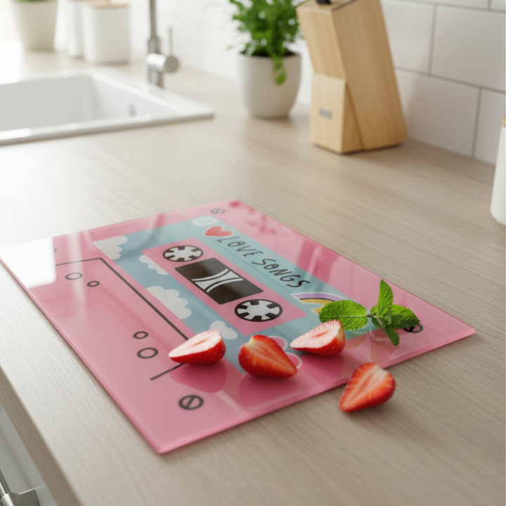 Pink cassette tape-shaped cutting board with strawberries on a kitchen counter.
