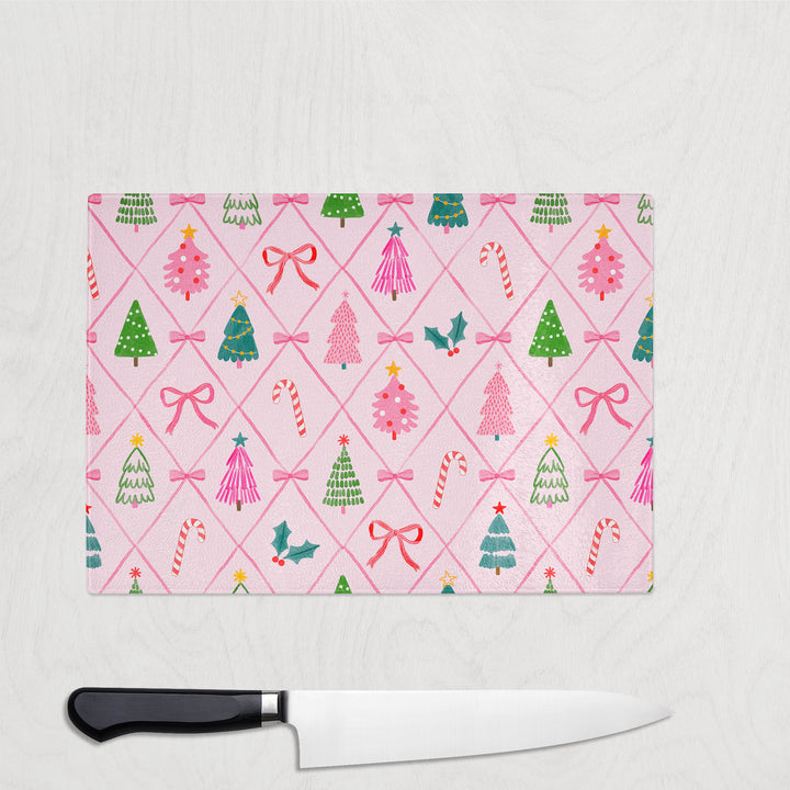 Pink Christmas Trees Glass Chopping Board