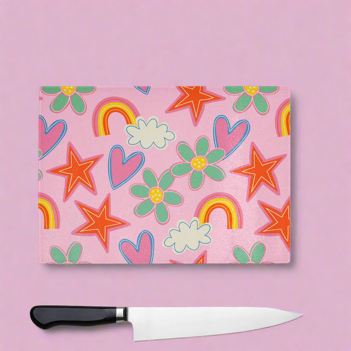 Pink Doodle Glass Chopping Board Worktop Saver