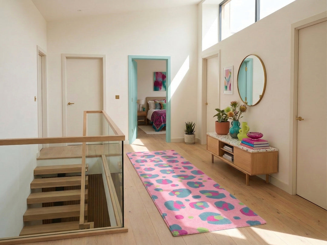 Modern interior with a pink leopard print patterned rug, wooden staircase, and decorative element