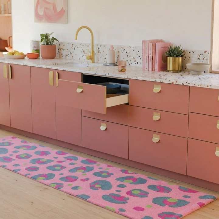 Soft Pink Blue Leopard Print Wool Rug Runner