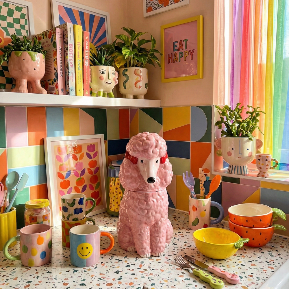 Colorful kitchen interior with a pink poodle-shaped container, polka dot mugs, and abstract art on the wall.
