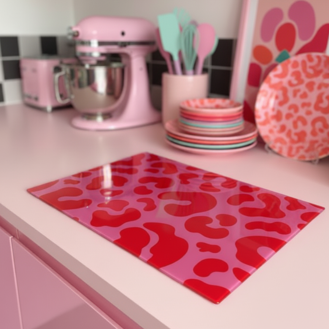 Pink Red Leopard Print Glass Chopping Board