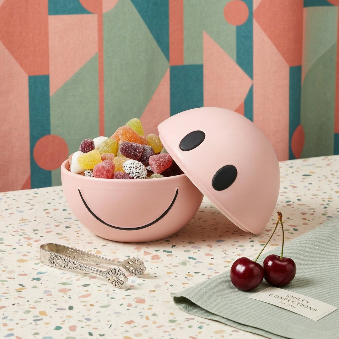 Pink smiley face bowl with colorful candies on a patterned surface
