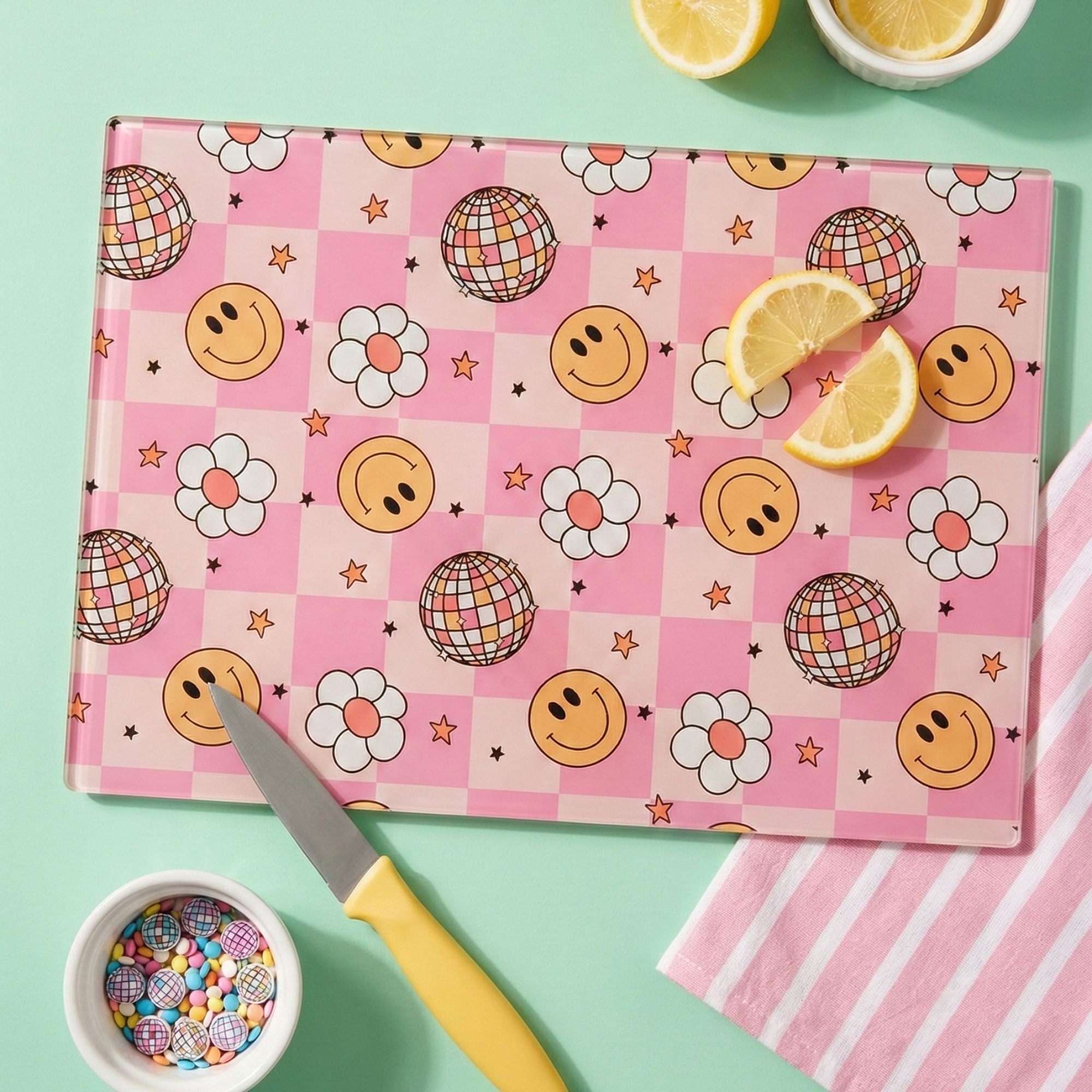 Pink Happy Face Disco Ball Glass Chopping Board