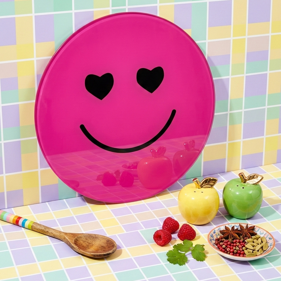 Pink smiley face plate on a pastel tiled table with fruits and a wooden spoon.