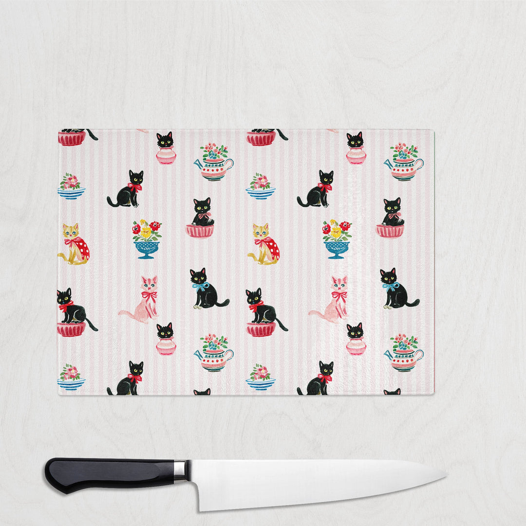 Pretty Little Kittie glass chopping board with dainty cats, teacups, bows and roses