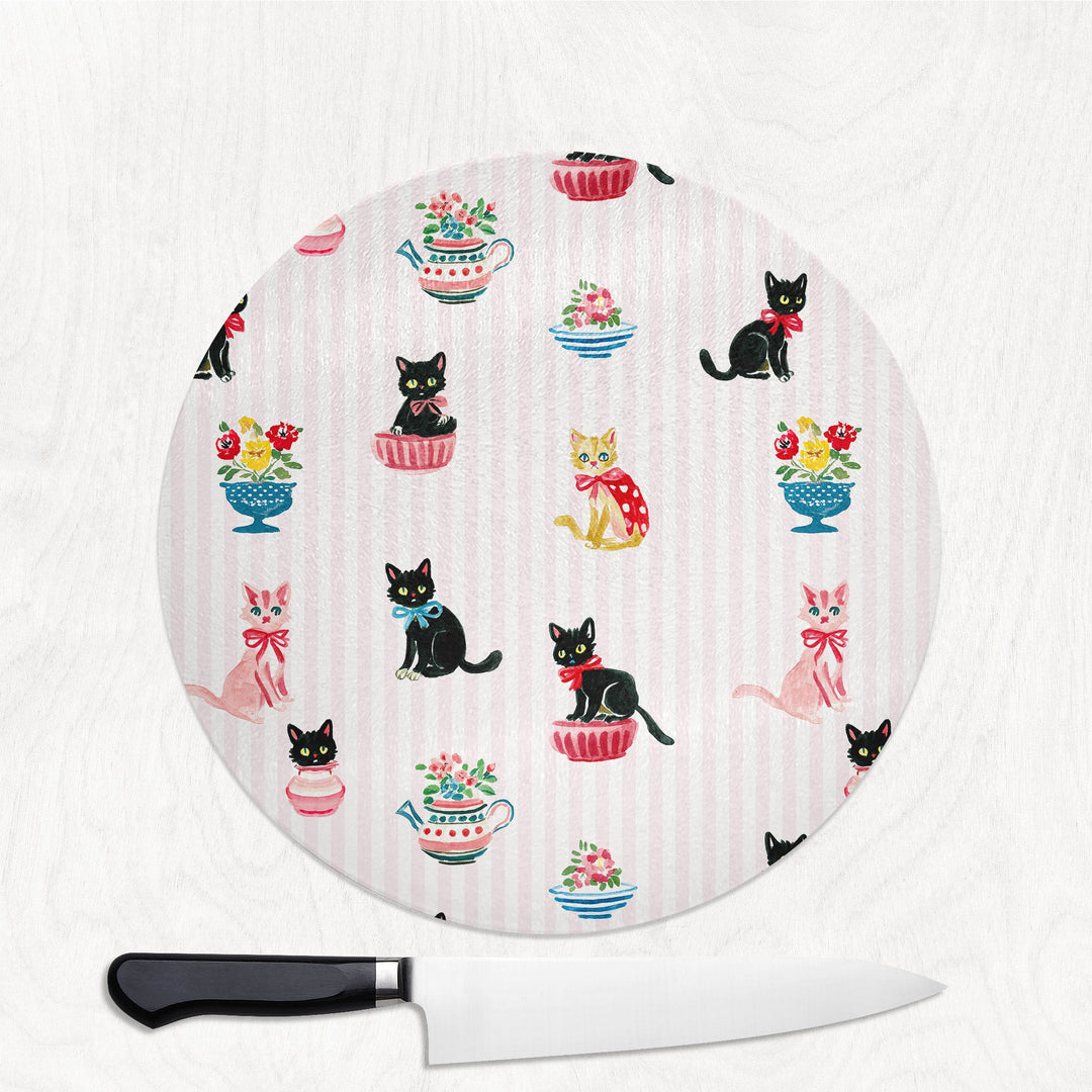 Pretty Little Kittie round glass chopping board with dainty cats, teacups, bows and roses