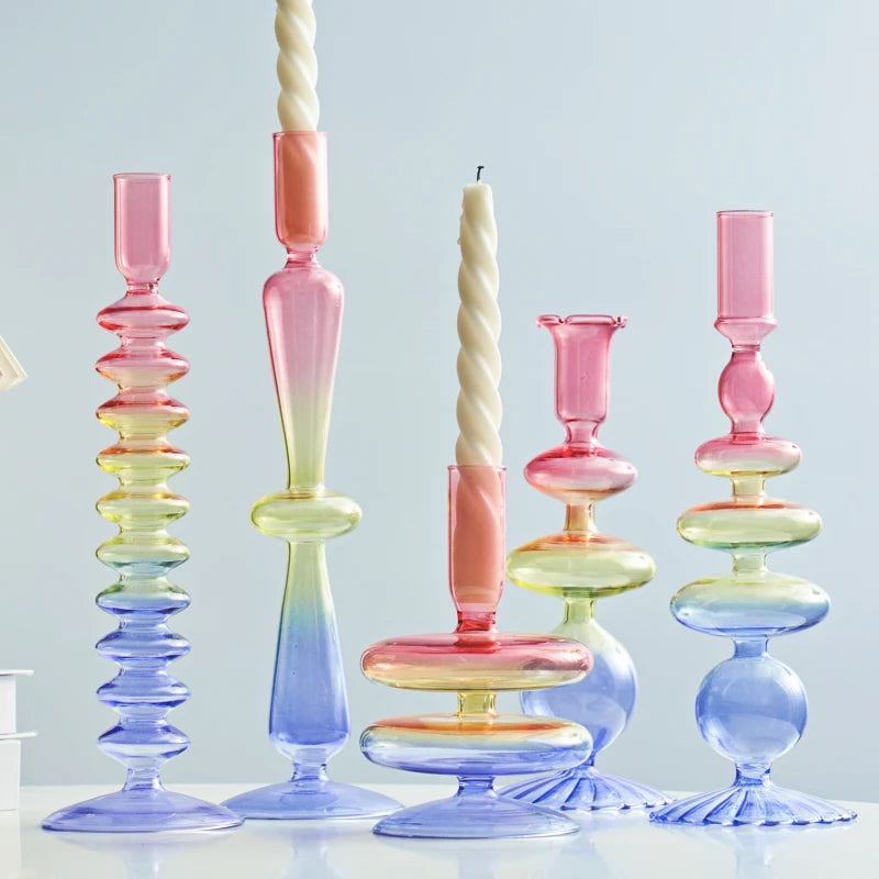 Rainbow Colour Glass Retro Candlesticks Taper Candle Holders - Yililo