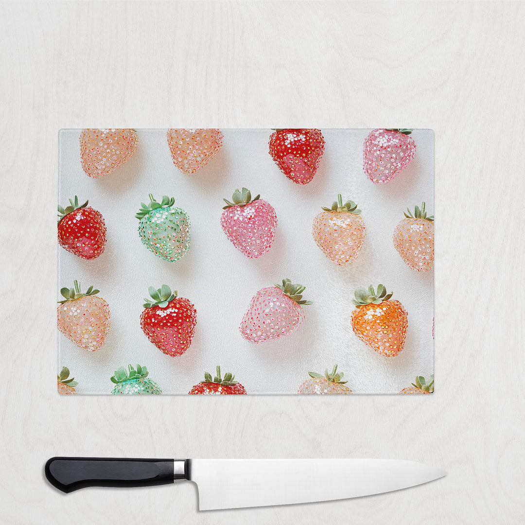 Rainbow Sparkle Strawberry Glass Chopping Board - Yililo