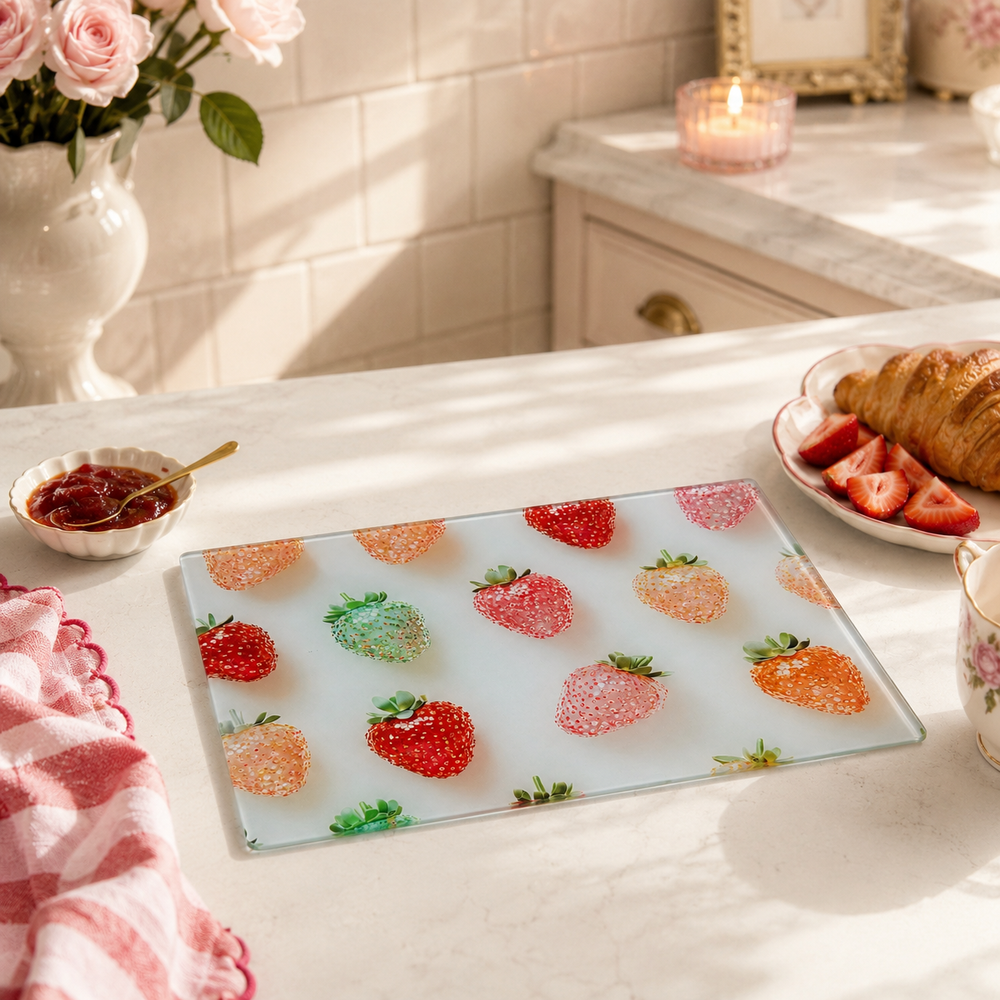 A rectangular glass chopping board with a colourful strawberry pattern, displayed on a white marble breakfast table surrounded by food and a pink floral vase in a bright kitchen setting.