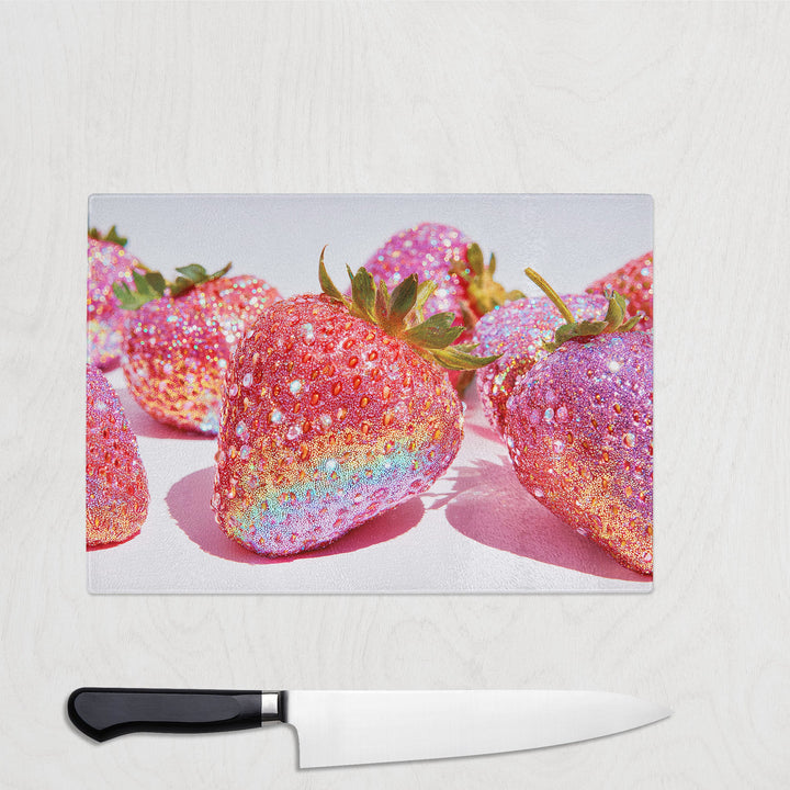 Glass chopping board featuring rainbow glitter-covered strawberries on a bright white background