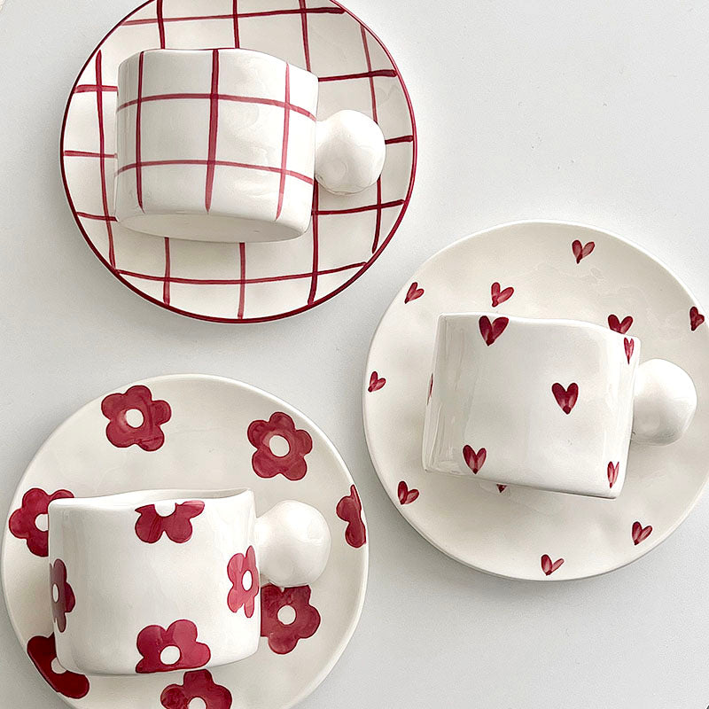 Red And White Ball Handle Cup And Saucer Set Heart Flower Grid Mugs - Yililo