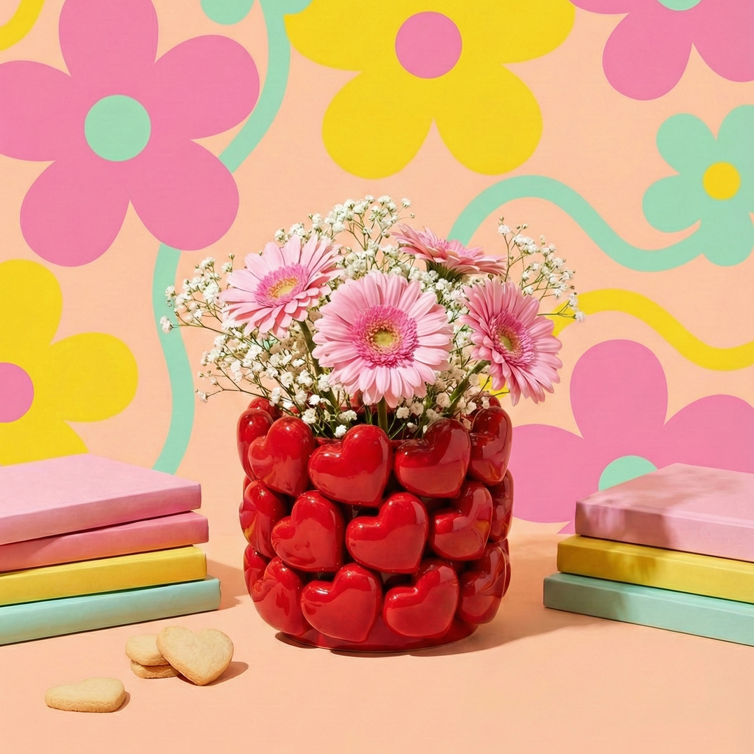 Red heart-shaped vase with flowers against a colorful floral background