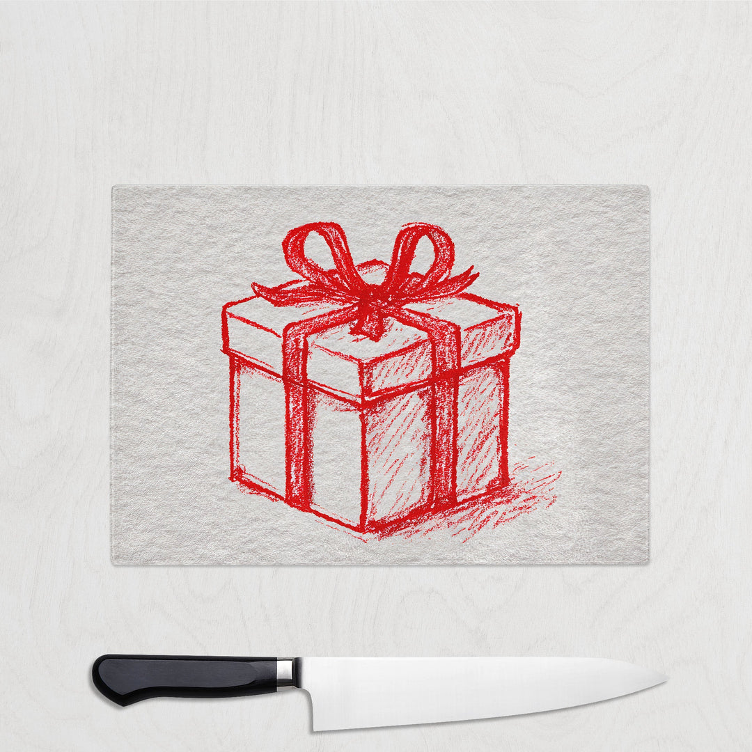 Red gift box drawing on a gray card with a knife at the bottom on a white background
