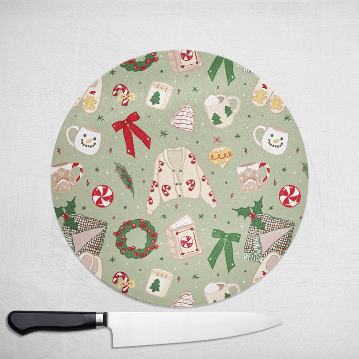 Cosy Christmas Round Glass Chopping Board