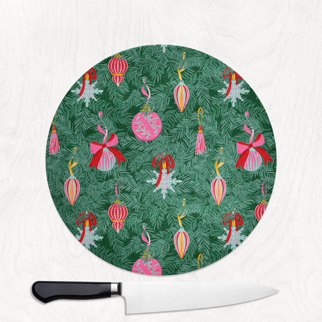 Bows And Baubles Round Glass Chopping Board