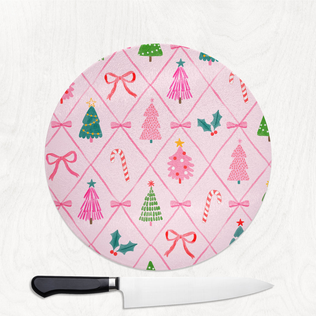 Pink Christmas Trees Round Glass Chopping Board