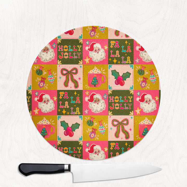 Holly Jolly Squares Round Glass Chopping Board