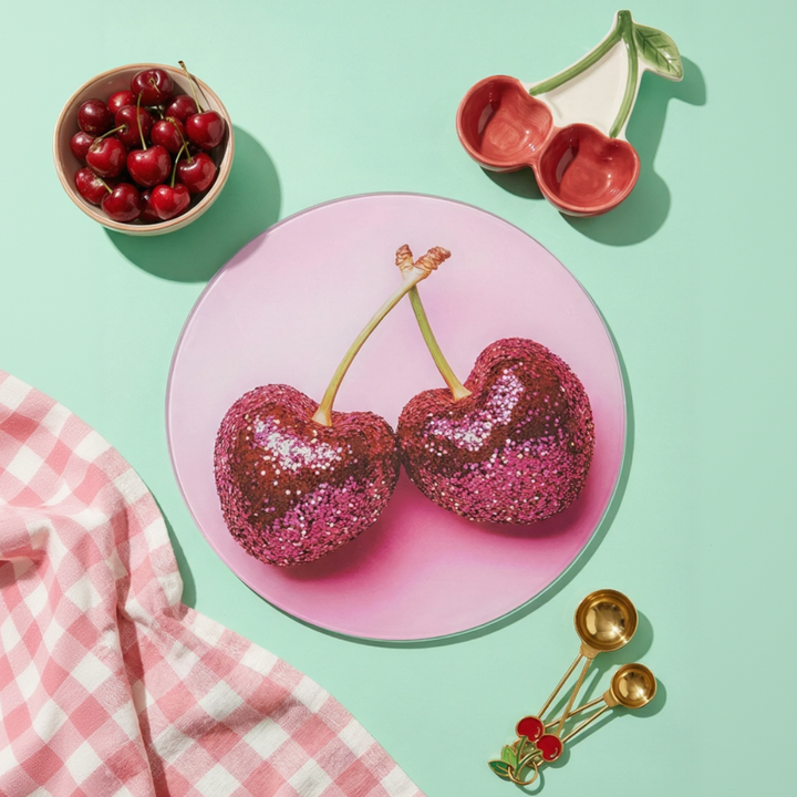 A 30cm round glass chopping board decorated ith glittery pink sequin cherries surrounded by cherry related kitchen accessories.