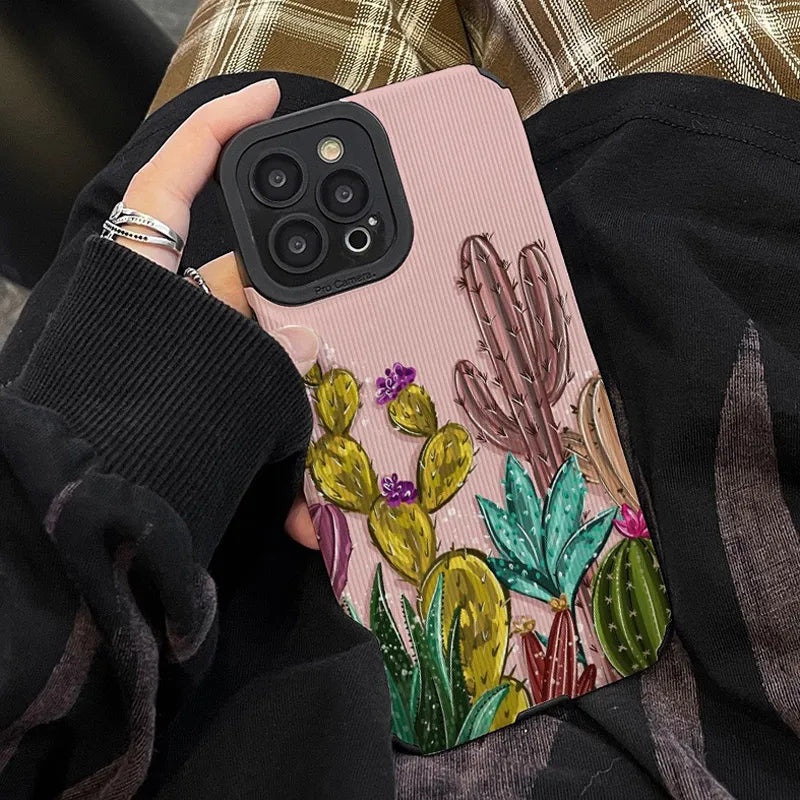 Pink Cactus Pattern Textured iPhone Case - Yililo