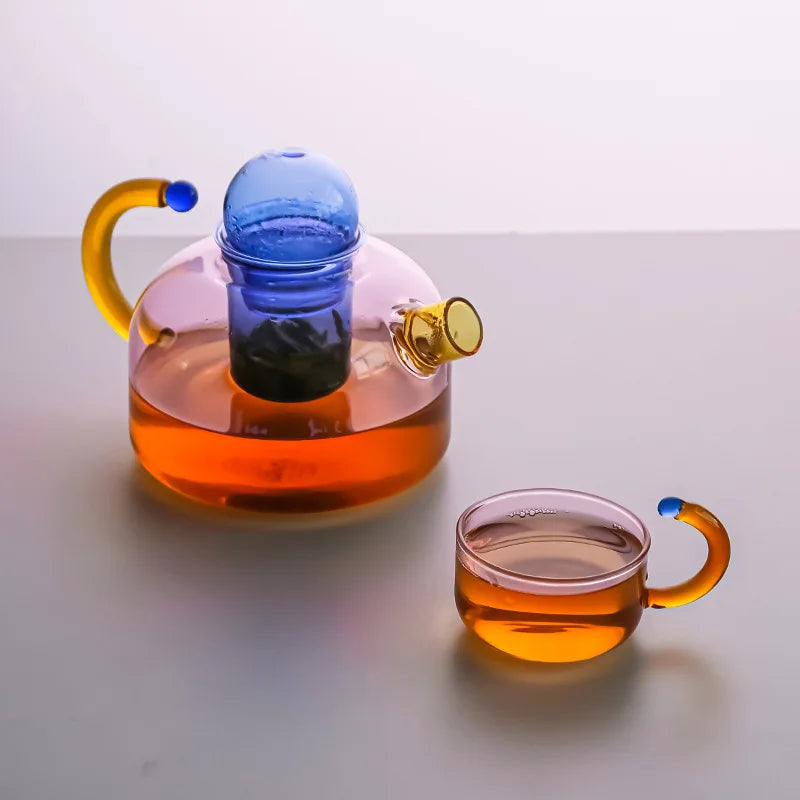 Colourful Clear Glass Tea Infuser Kettle And Glass Mug