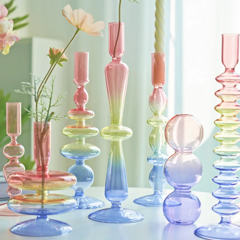 Rainbow Colour Glass Retro Candlesticks Taper Candle Holders