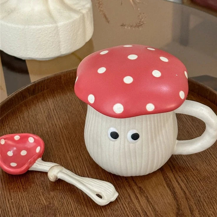 Mushroom Shaped Mug With Red Lid And Spoon - Yililo
