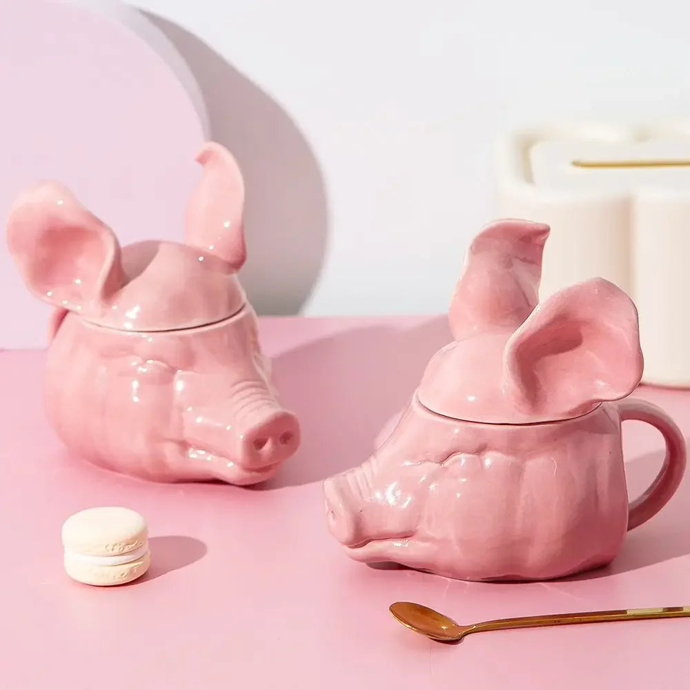 Pink Pig Head Mug With Lid - Yililo