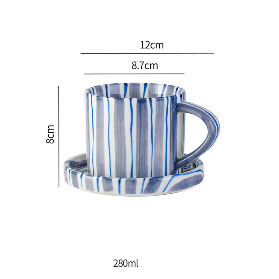 Nordic Striped Rustic Mug And Saucer Set - Yililo