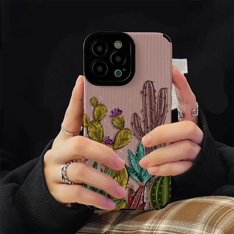 Pink Cactus Pattern Textured iPhone Case