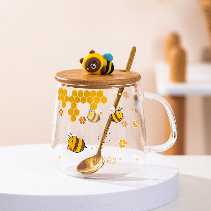 Bee Glass Cup With Lid And Spoon - Yililo