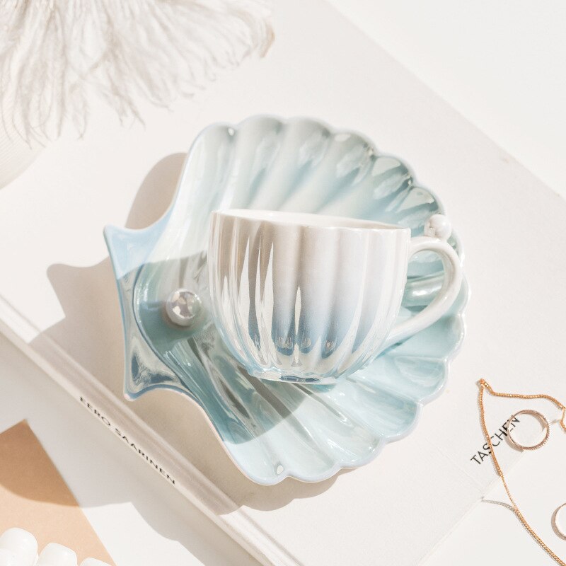 Ombre Pink Blue Pearl Cup With Shell Shape Saucer