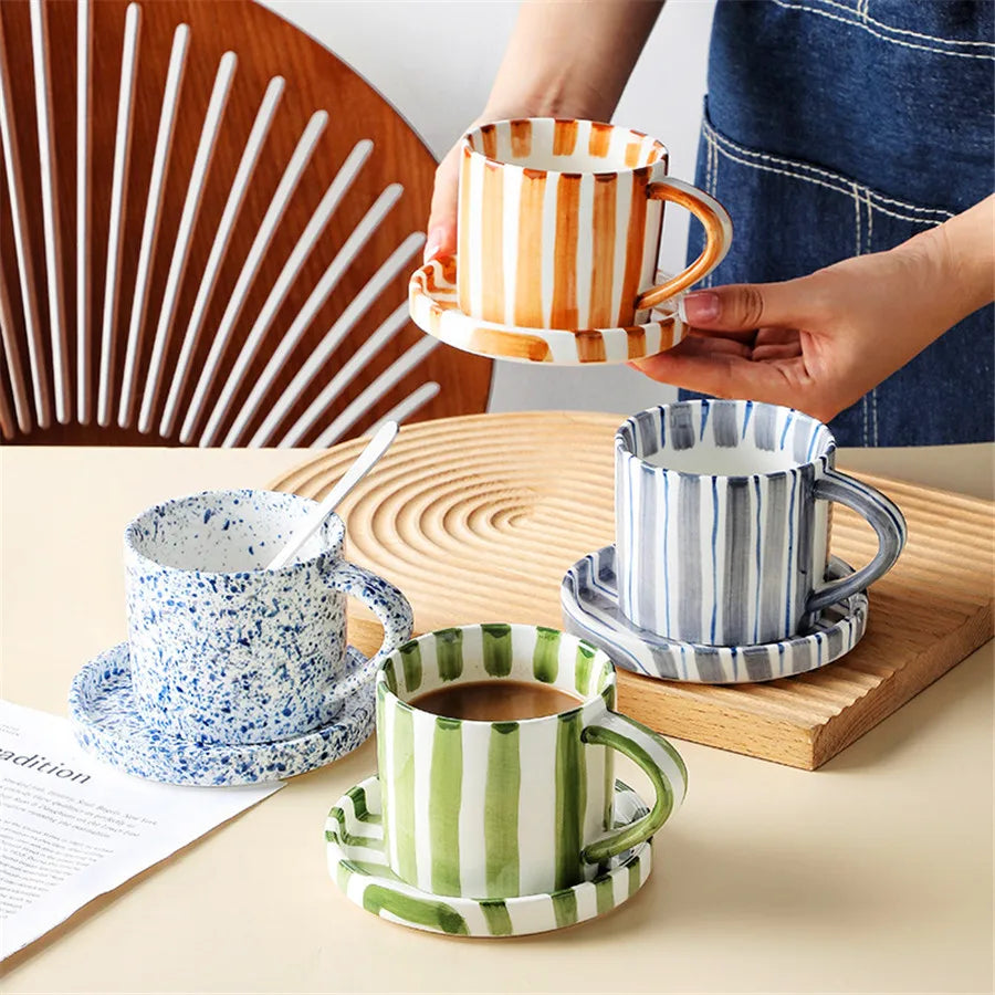 Nordic Striped Rustic Mug And Saucer Set - Yililo