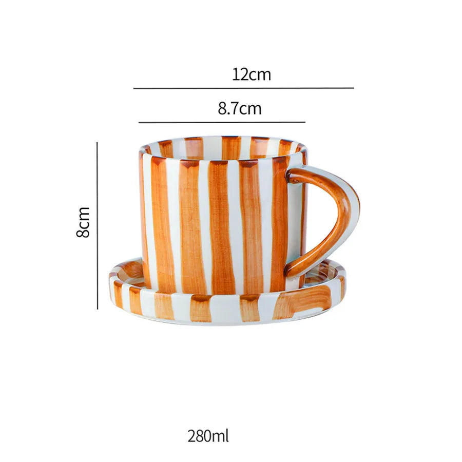 Nordic Striped Rustic Mug And Saucer Set - Yililo