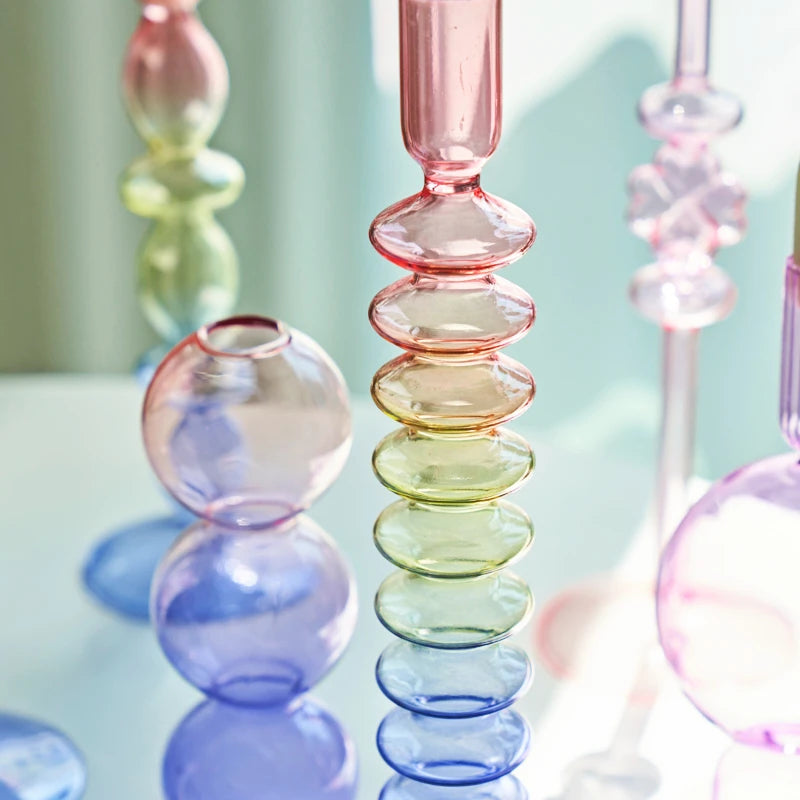 Rainbow Colour Glass Retro Candlesticks Taper Candle Holders