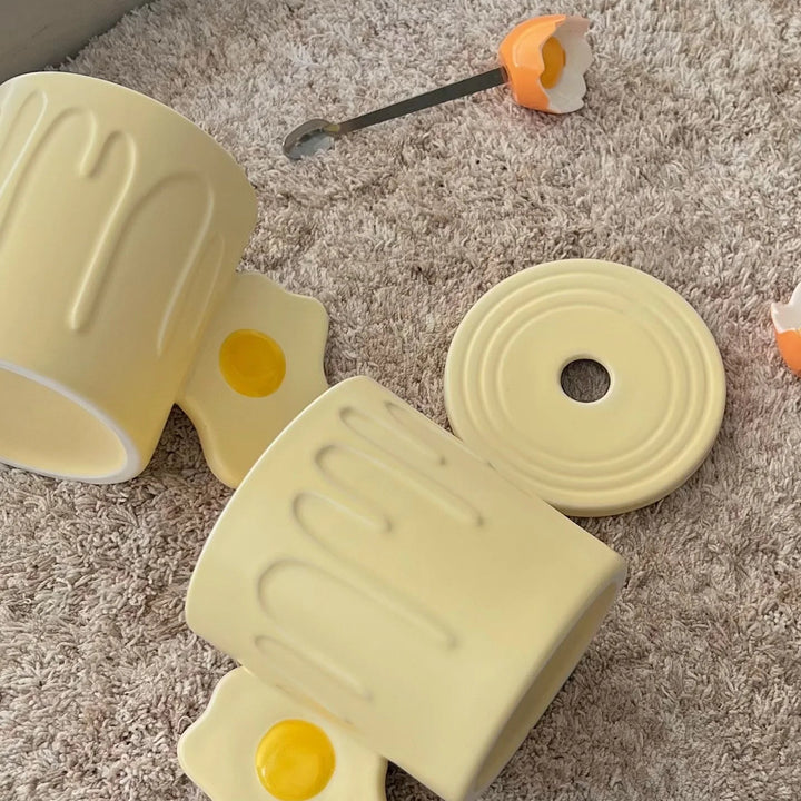 Yellow Egg Ceramic Mug with Lid Spoon