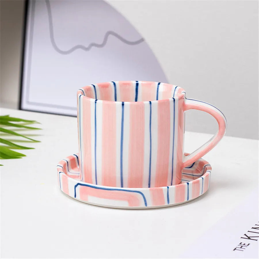 Nordic Striped Rustic Mug And Saucer Set - Yililo