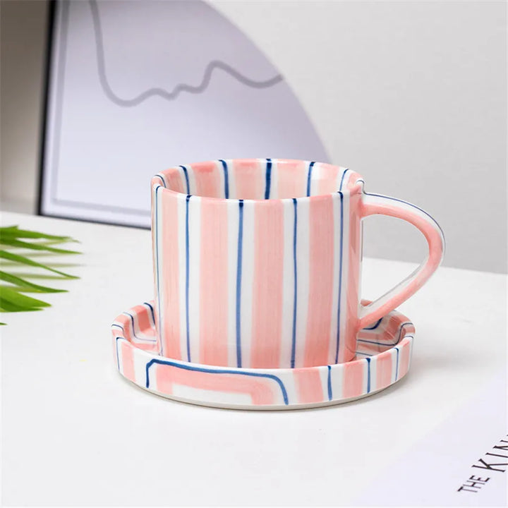 Nordic Striped Rustic Mug And Saucer Set - Yililo