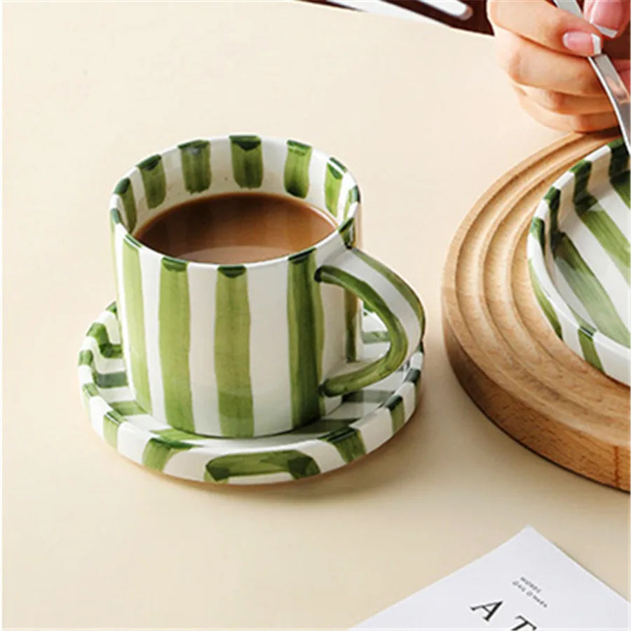 Nordic Striped Rustic Mug And Saucer Set - Yililo