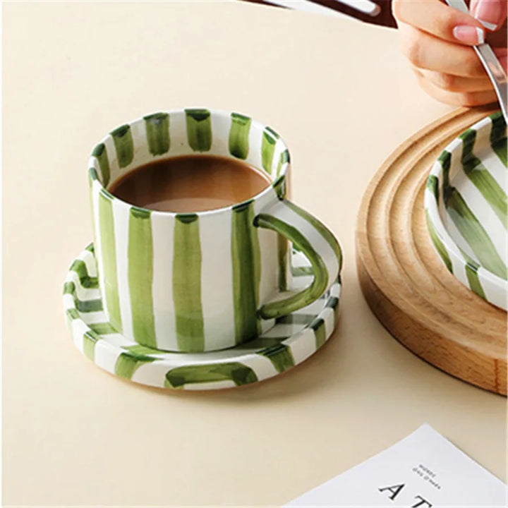 Nordic Striped Rustic Mug And Saucer Set