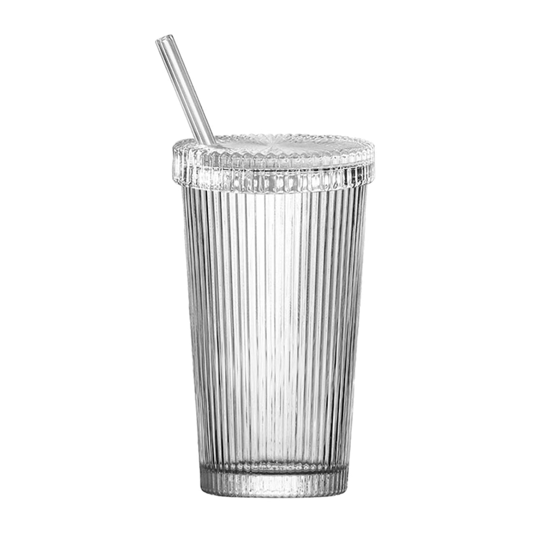 Stripe Ribbed Tall Glass Cup With Lid And Straw - Yililo