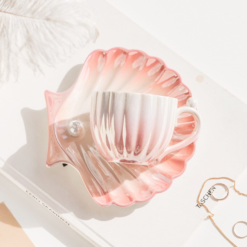 Ombre Pink Blue Pearl Cup With Shell Shape Saucer - Yililo