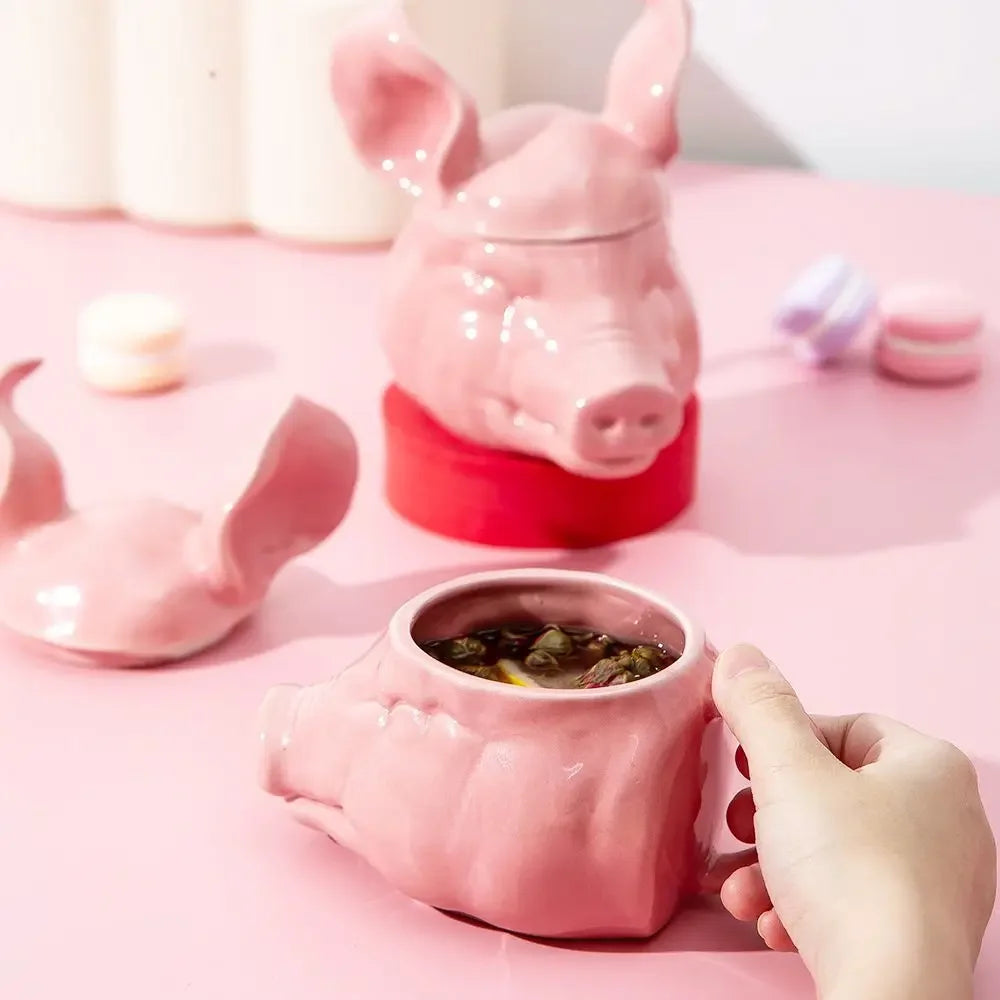 Pink Pig Head Mug With Lid - Yililo