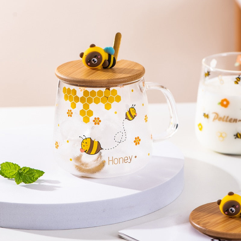 Bee Glass Cup With Lid And Spoon
