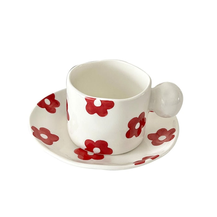 Red And White Ball Handle Cup And Saucer Set Heart Flower Grid Mugs - Yililo