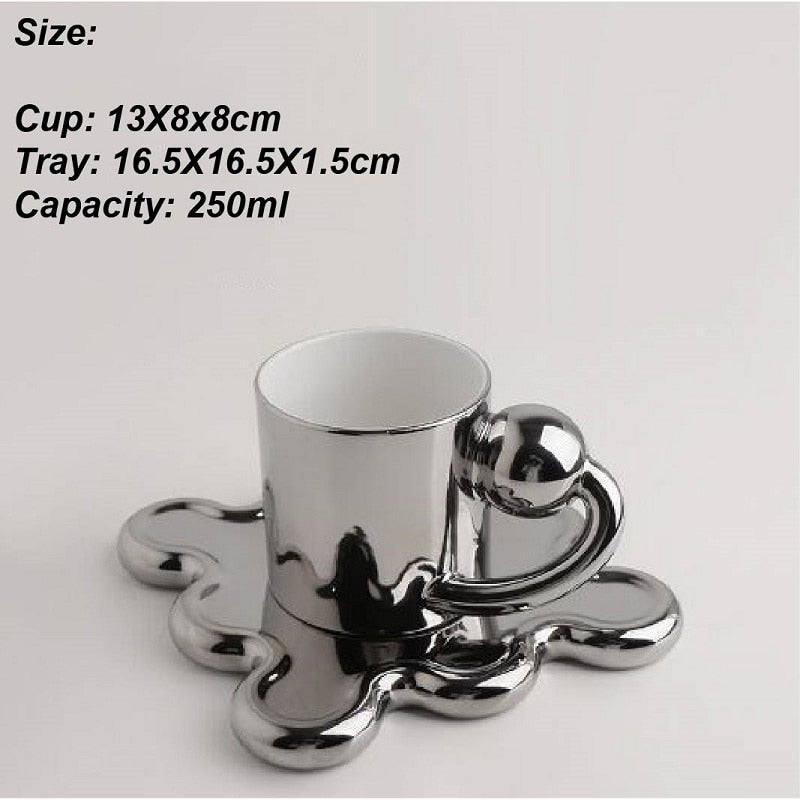 Chrome Coffee Mug With Rotating Ball Handle And Swirly Silver Saucer For Cup - Yililo